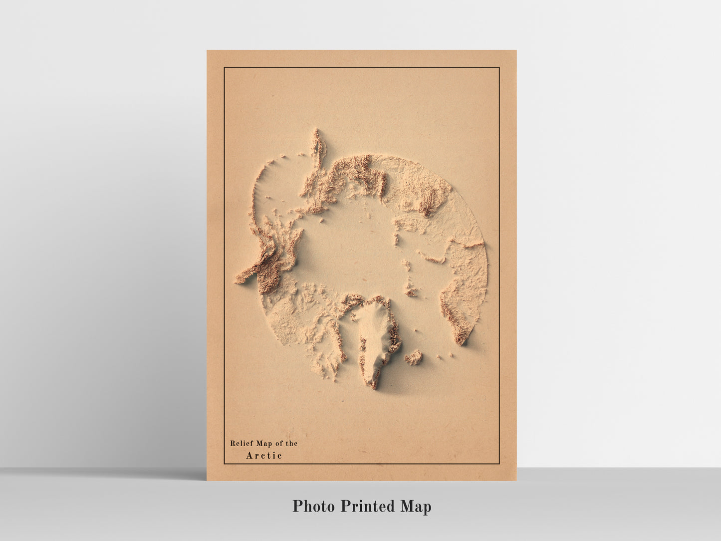 Arctic relief map print, highlighting topography. Ideal for home decor and geography lovers