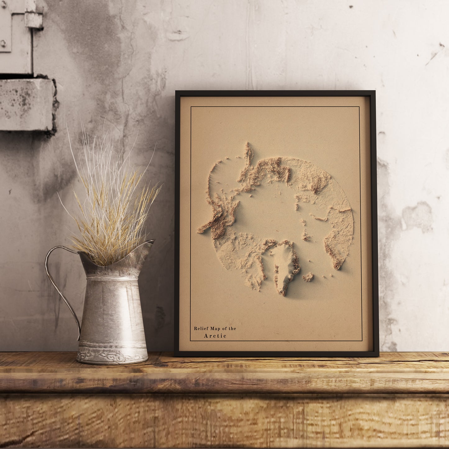Vintage Arctic shaded relief map in black frame. Realistic terrain art print for home decor, displayed on rustic wooden table