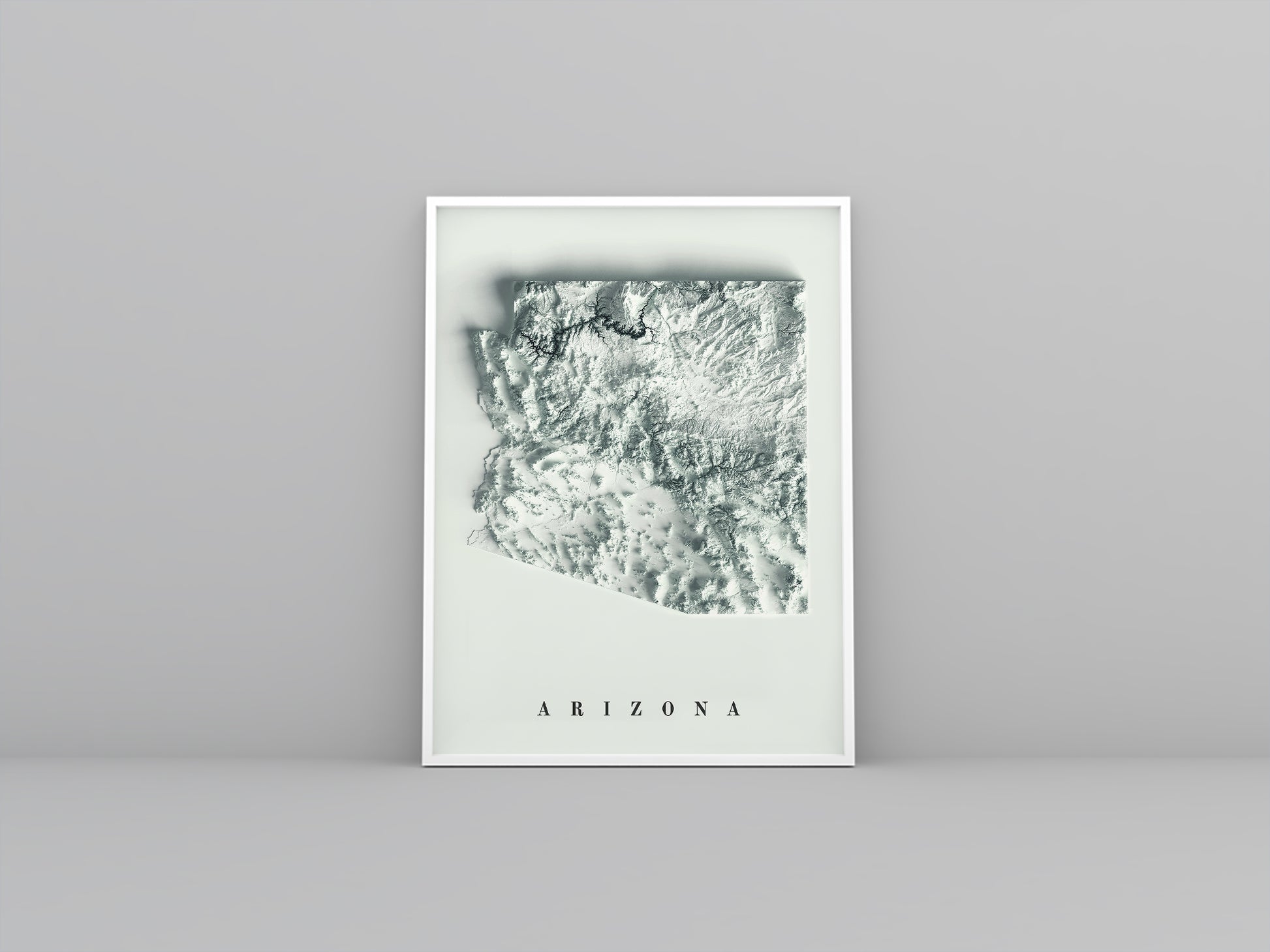 Arizona (USA) framed shaded relief map in white frame. Artistic print highlighting mountains with a realistic 3d effect
