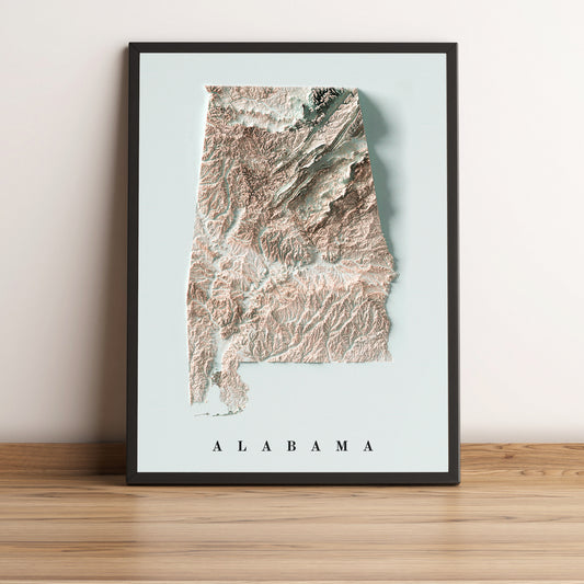 Alabama (USA) vintage framed shaded relief map in black frame. Artistic print highlighting mountains with a realistic terrain effect