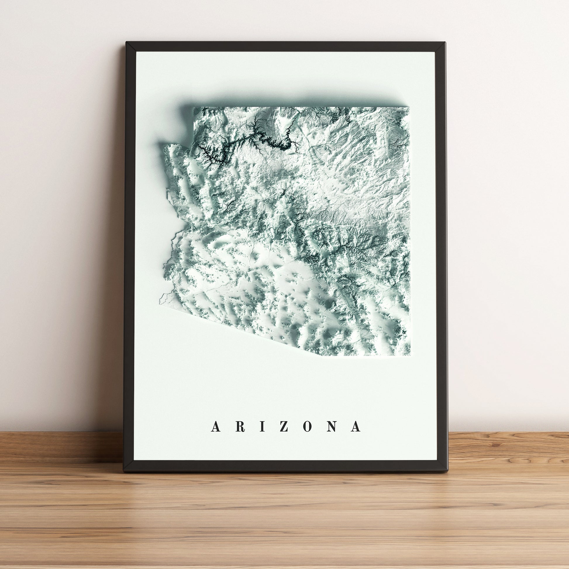 Arizona (USA) framed shaded relief map in black frame. Artistic print highlighting mountains with a realistic terrain effect