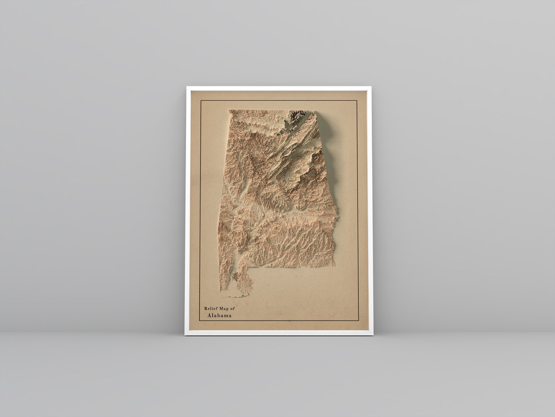 Alabama (USA) vintage framed shaded relief map in white frame. Artistic print highlighting mountains with a realistic 3d effect