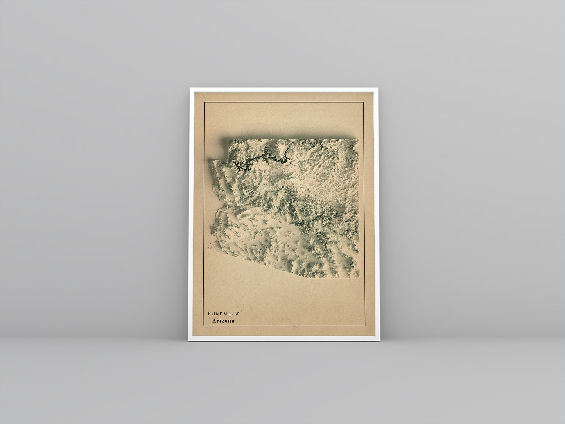 Arizona (USA) vintage framed shaded relief map in white frame. Artistic print highlighting mountains with a realistic 3d effect