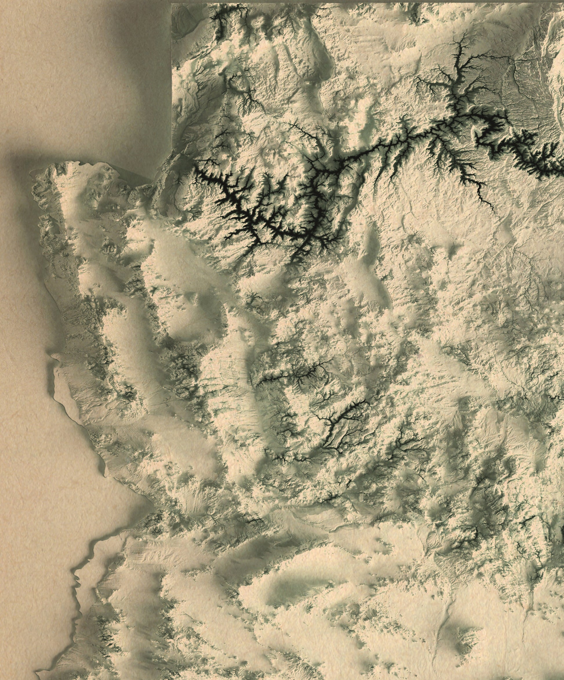 Detailed close-up of a vintage Arizona (USA) relief map, showcasing textured topography and geographic contours