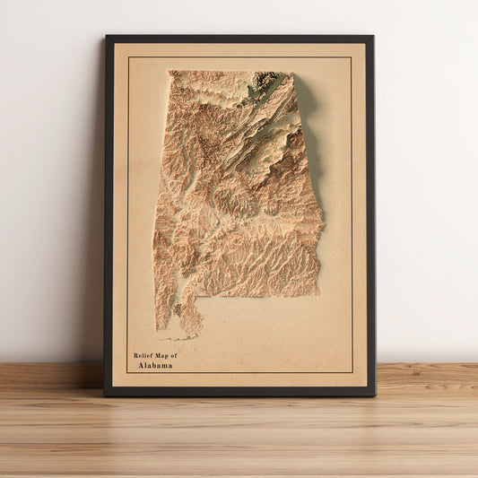 Alabama (USA) vintage framed shaded relief map in black frame. Artistic print highlighting mountains with a realistic terrain effect