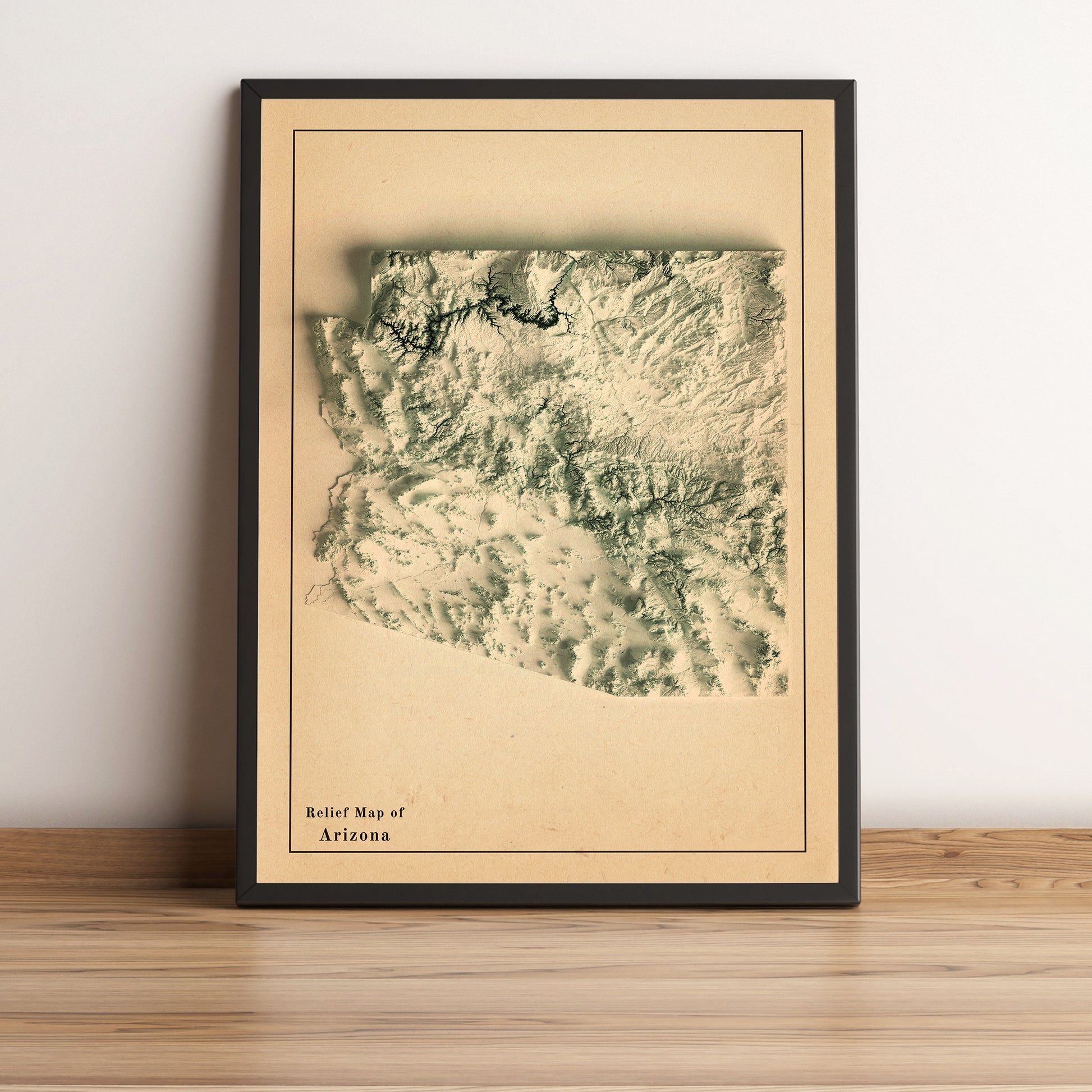 Arizona (USA) framed shaded relief map in black frame. Artistic print highlighting mountains with a realistic terrain effect