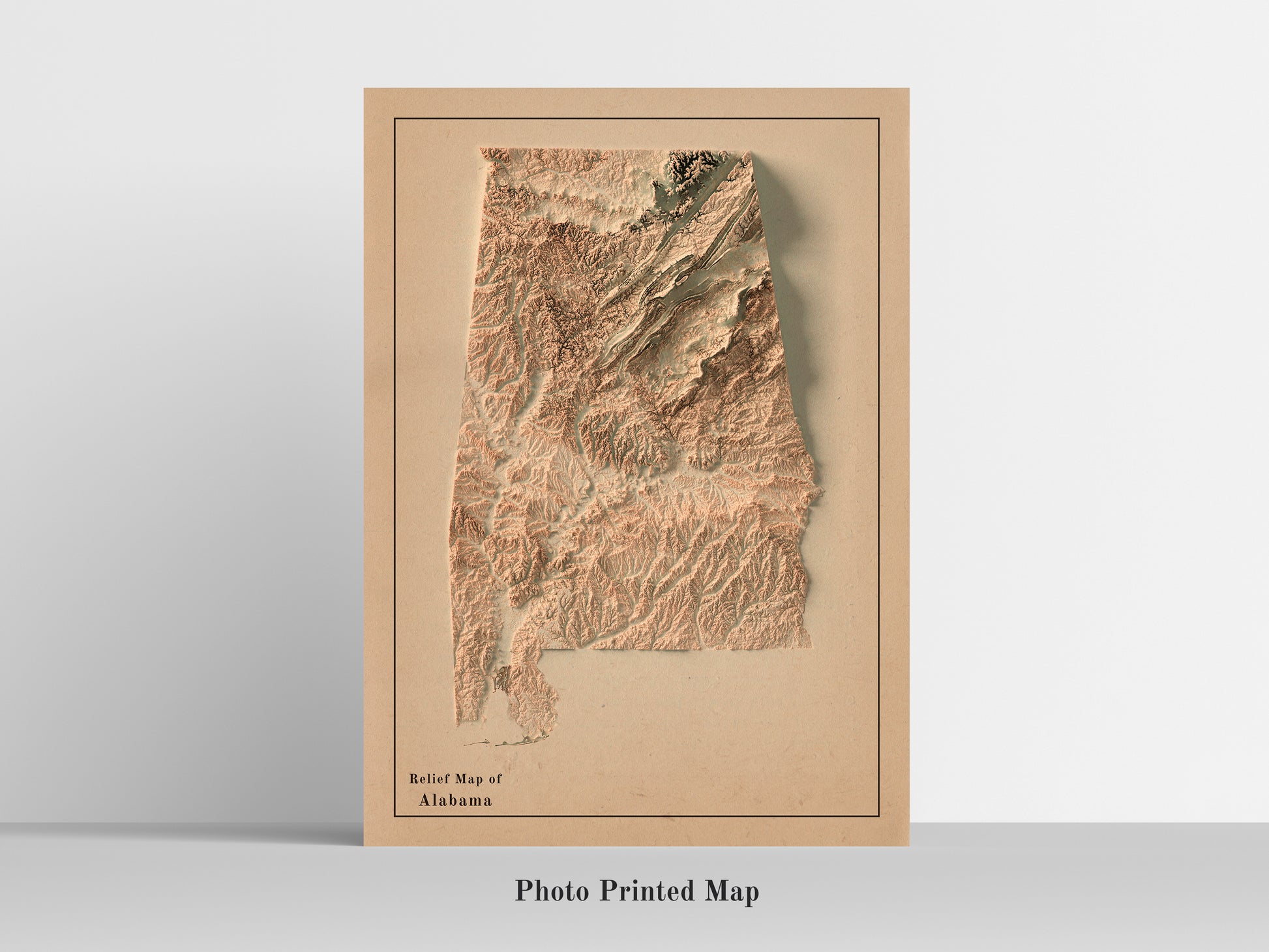 Shaded relief map of Alabama (USA) print, highlighting topography. Ideal for home decor and geography lovers
