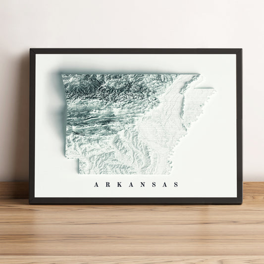 Arkansas (USA) framed shaded relief map in black frame. Artistic print highlighting mountains with a realistic terrain effect