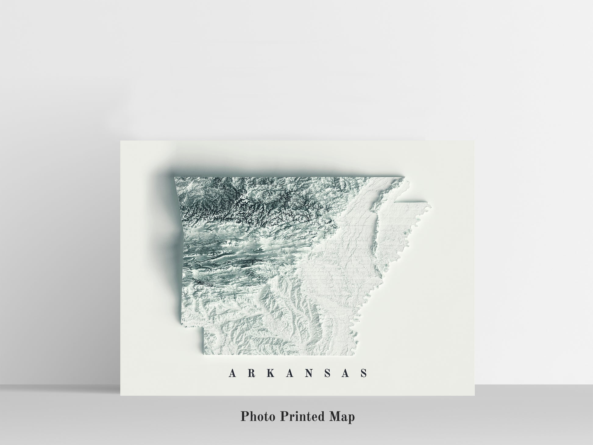 Arkansas (USA) relief map print, highlighting topography. Ideal for home decor and geography lovers