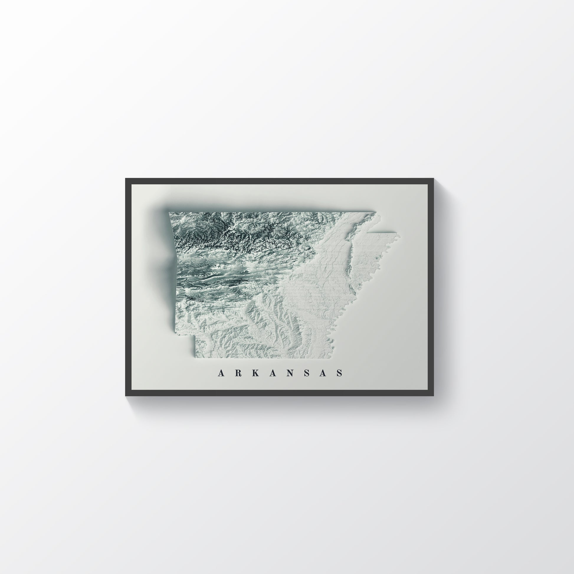 Arkansas (USA) framed shaded relief map in black frame. Artistic print highlighting mountains with a realistic terrain effect