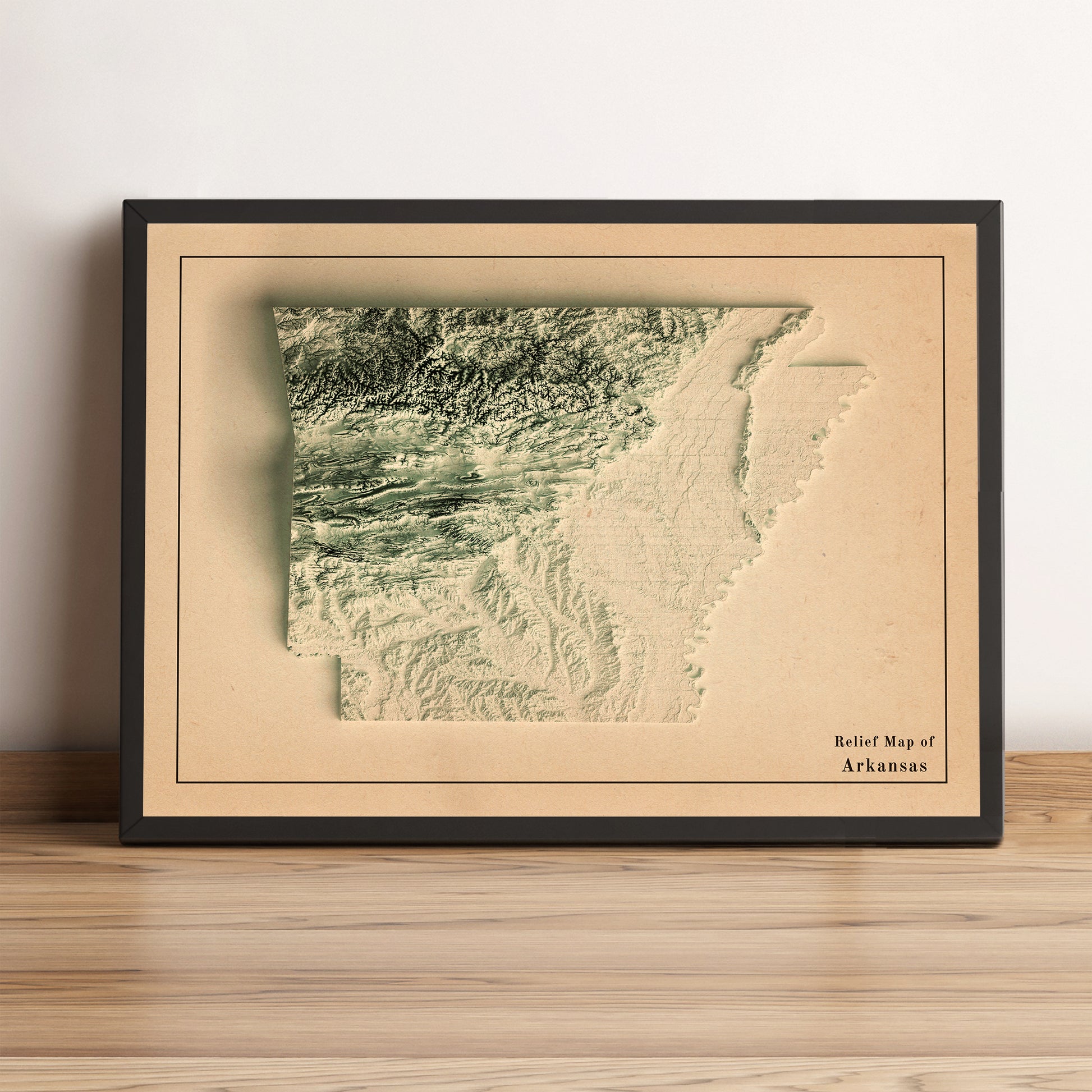 Arkansas (USA) vintage framed shaded relief map in black frame. Artistic print highlighting mountains with a realistic terrain effect