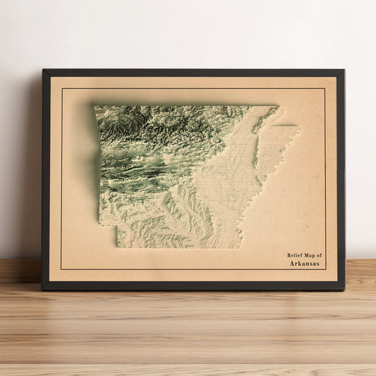 Arkansas (USA) vintage framed shaded relief map in black frame. Artistic print highlighting mountains with a realistic terrain effect