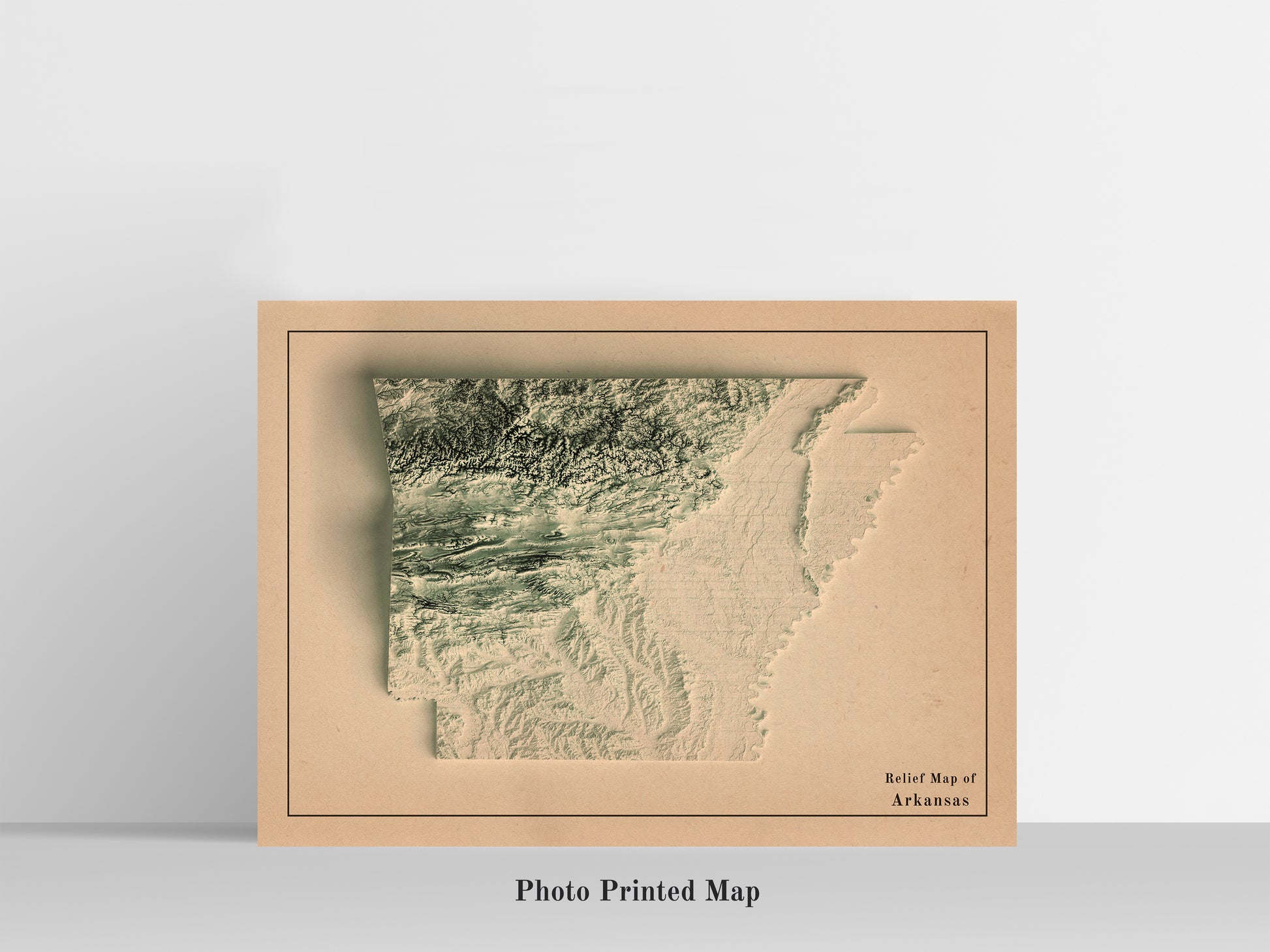 Arkansas (USA) relief map print, highlighting topography. Ideal for home decor and geography lovers