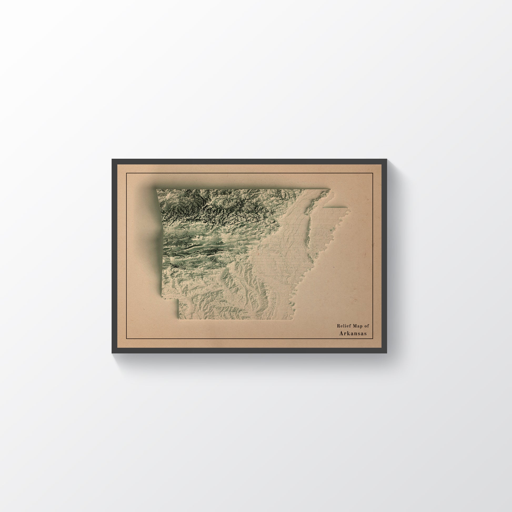 Arkansas (USA) vintage framed shaded relief map in black frame. Artistic print highlighting mountains with a realistic terrain effect