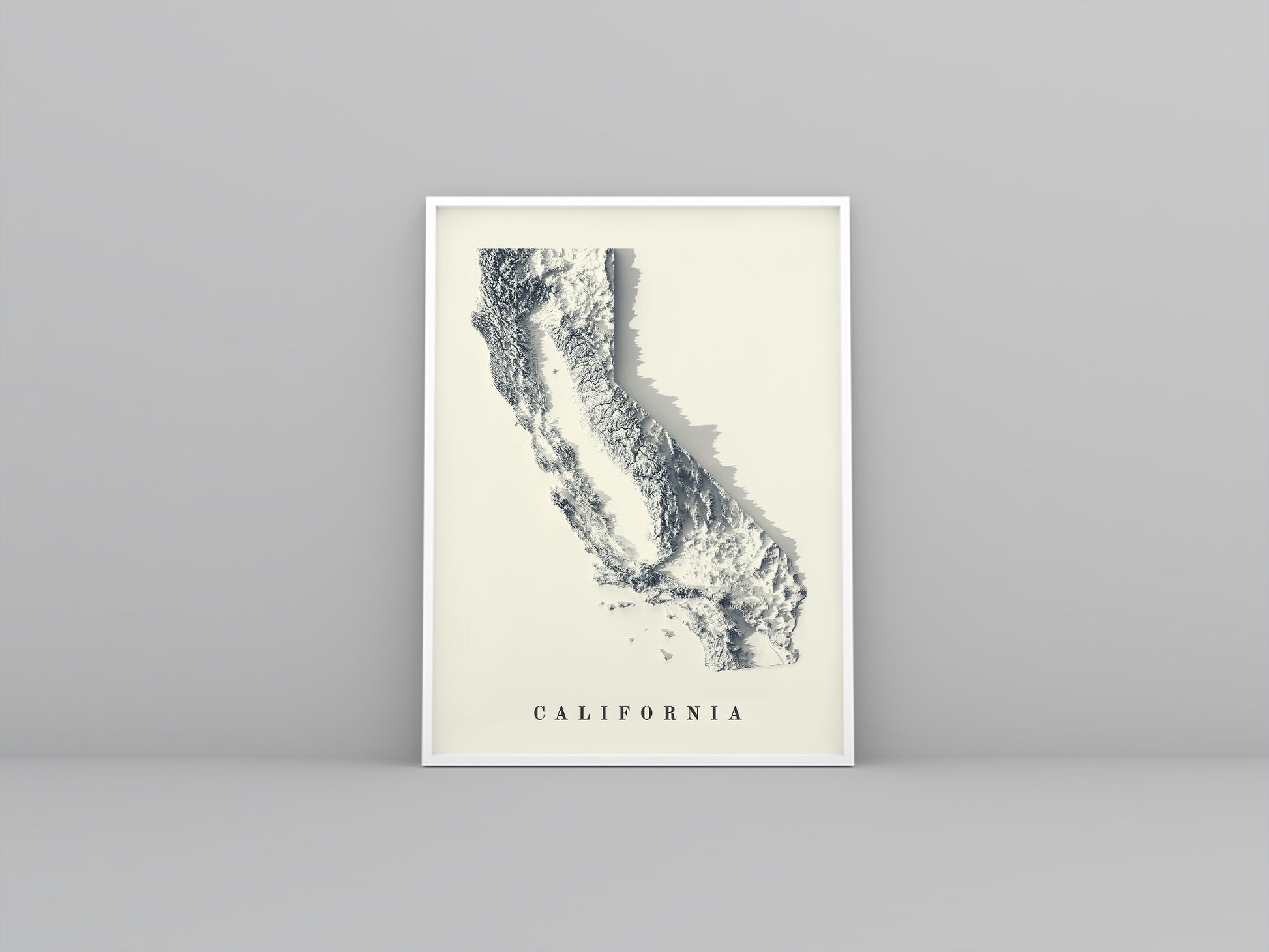 California (USA) vintage framed shaded relief map in white frame. Artistic print highlighting mountains with a realistic 3d effect
