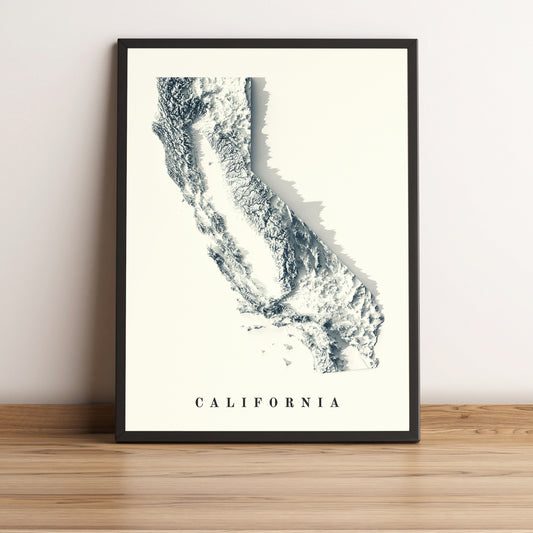 California (USA) vintage framed shaded relief map in black frame. Artistic print highlighting mountains with a realistic terrain effect