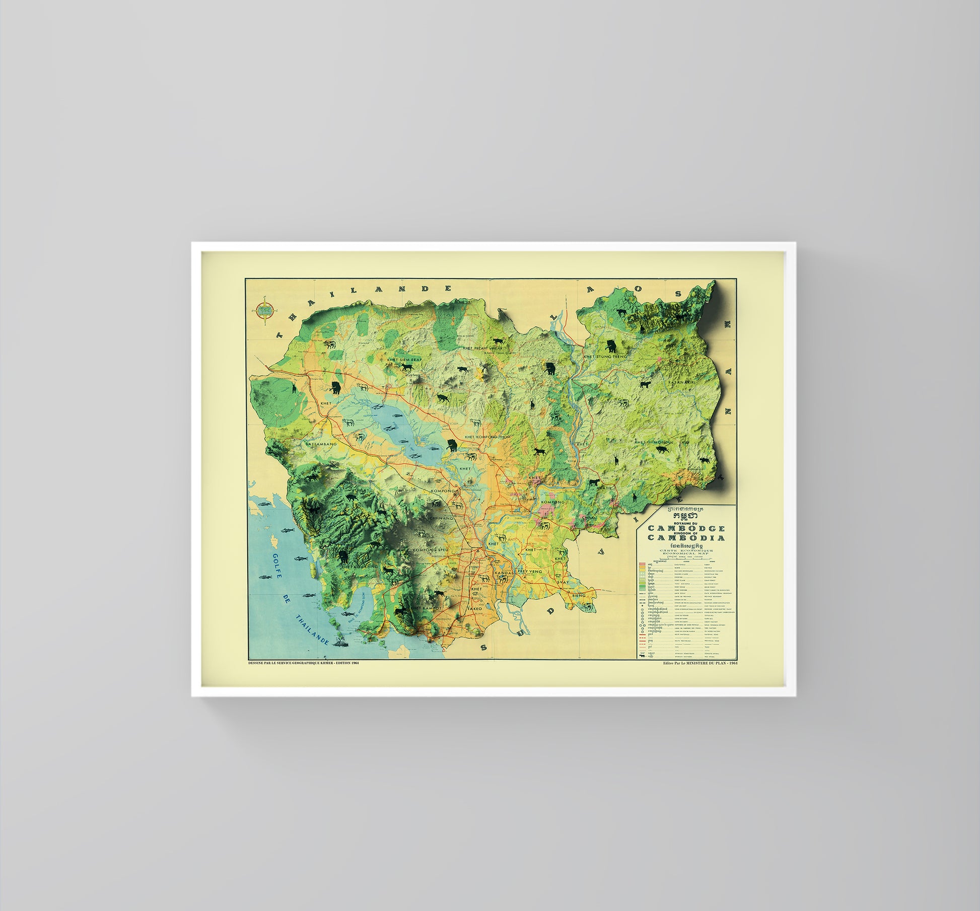 Cambodia vintage framed shaded relief map in white frame. Artistic print highlighting mountains with a realistic 3d effect