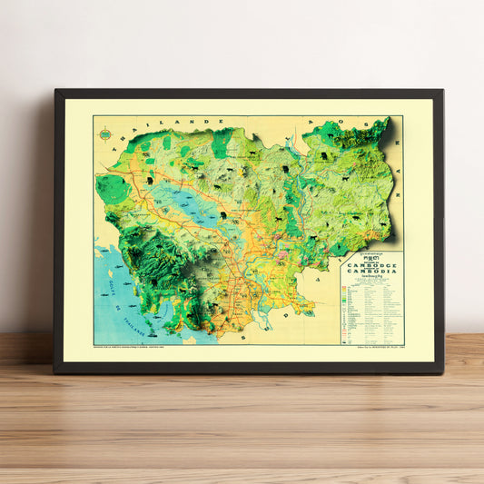 Cambodia vintage framed shaded relief map in black frame. Artistic print highlighting mountains with a realistic terrain effect