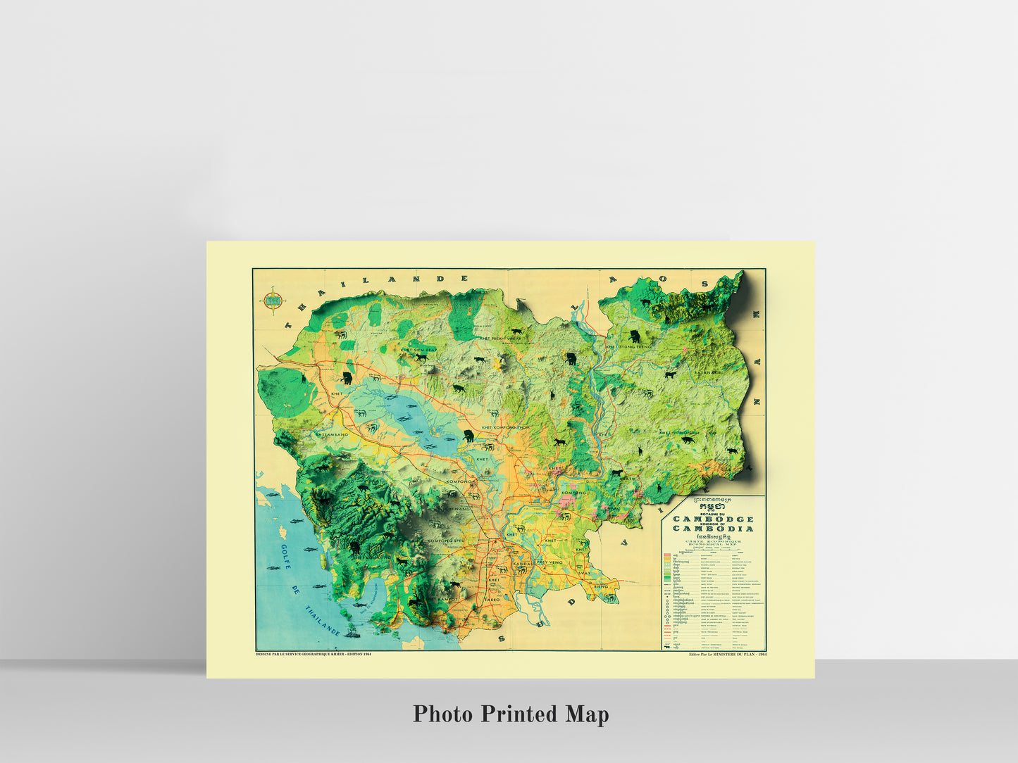 Cambodia Shaded relief map print, highlighting topography. Ideal for home decor and geography lovers