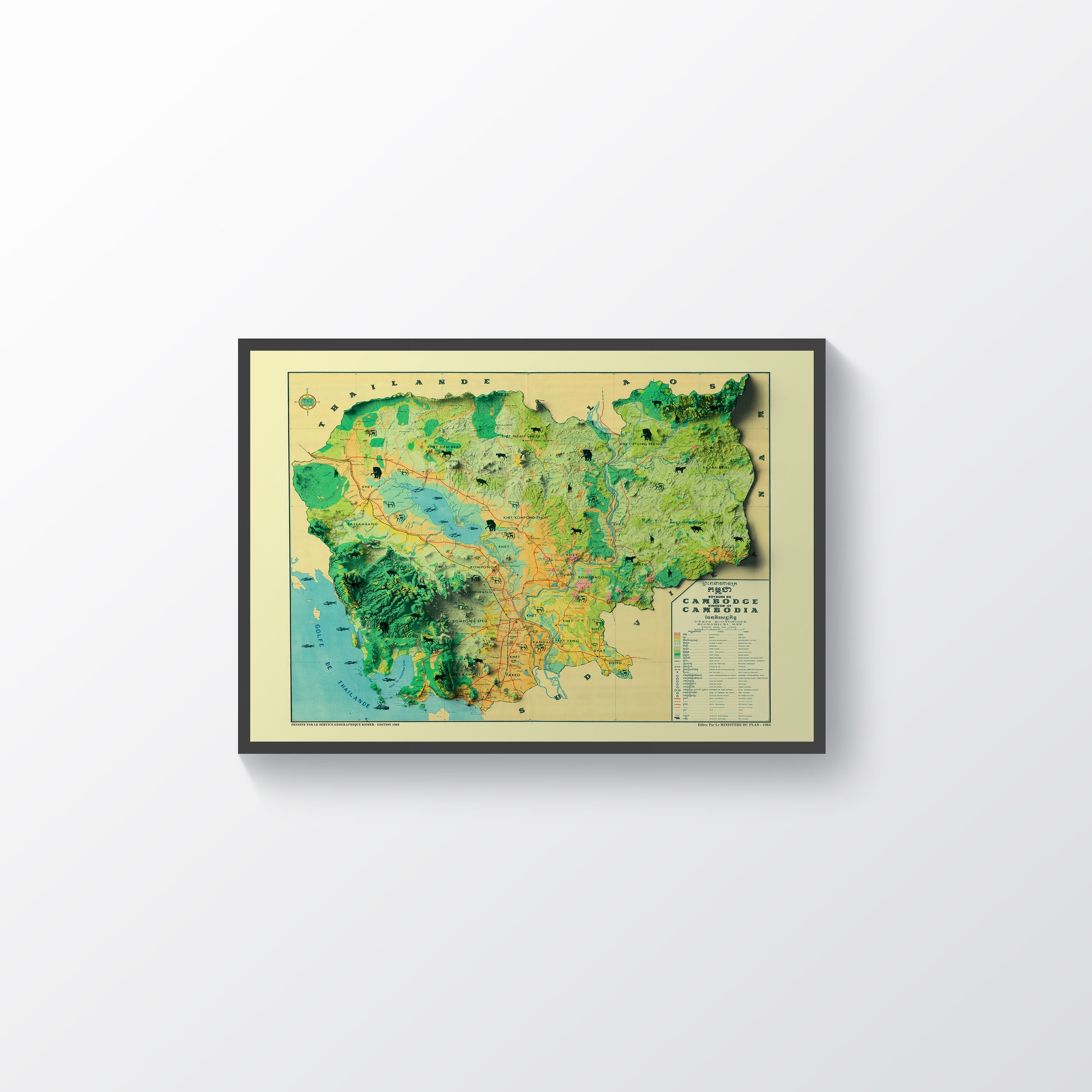 Cambodia vintage framed shaded relief map in black frame. Artistic print highlighting mountains with a realistic terrain effect