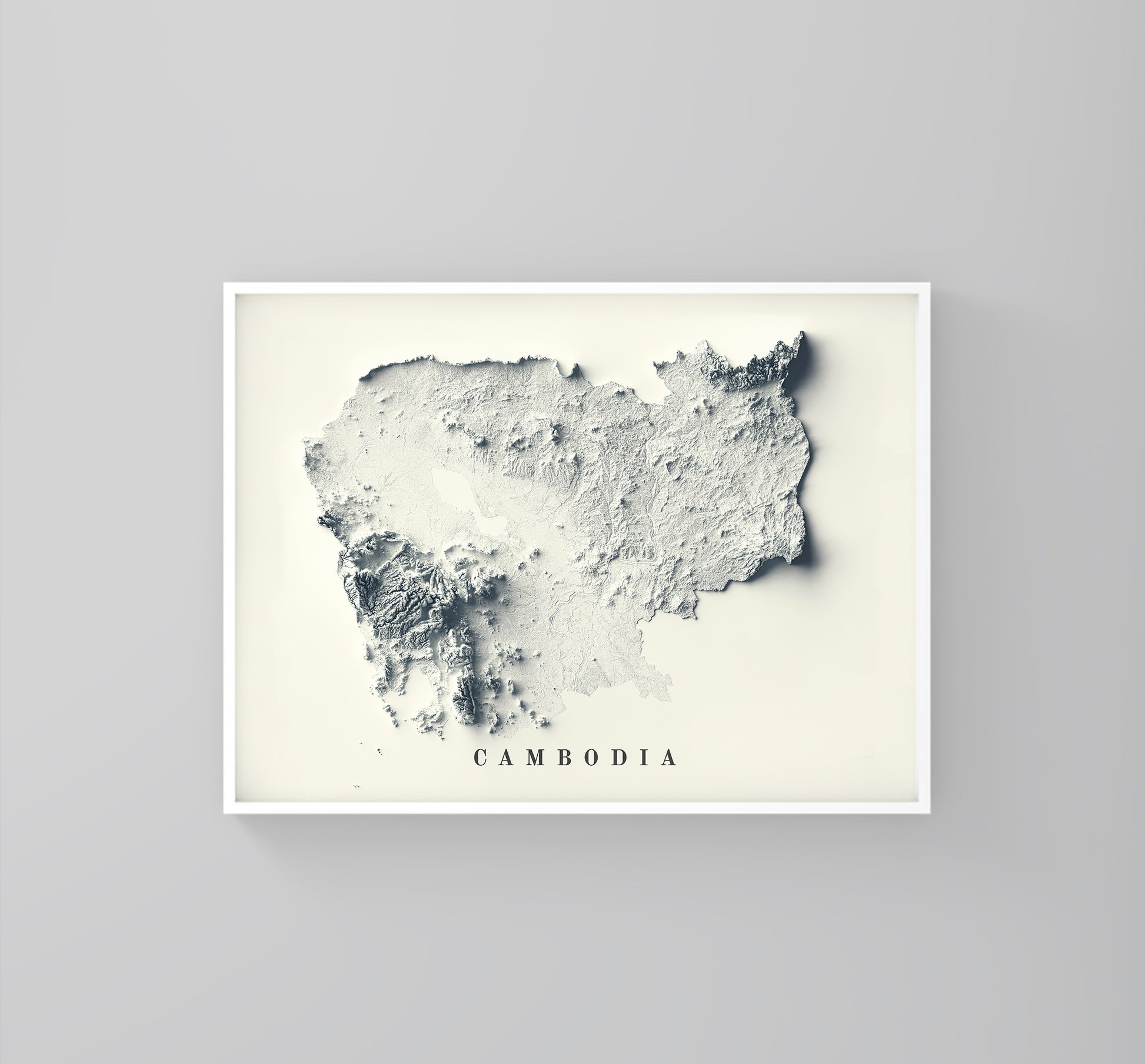 Cambodia vintage framed shaded relief map in white frame. Artistic print highlighting mountains with a realistic 3d effect