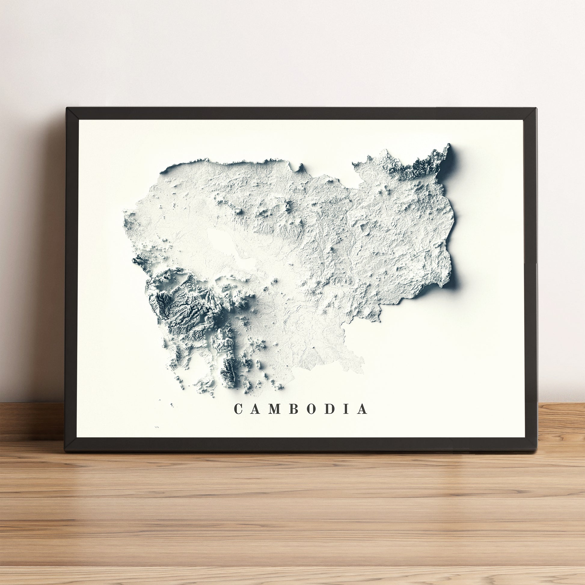 Cambodia vintage framed shaded relief map in black frame. Artistic print highlighting mountains with a realistic terrain effect