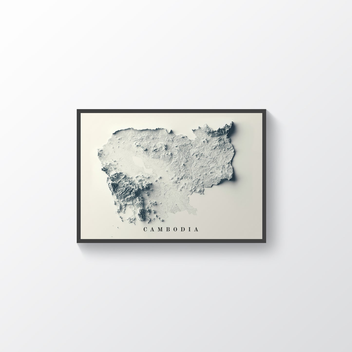 Cambodia vintage framed shaded relief map in black frame. Artistic print highlighting mountains with a realistic terrain effect