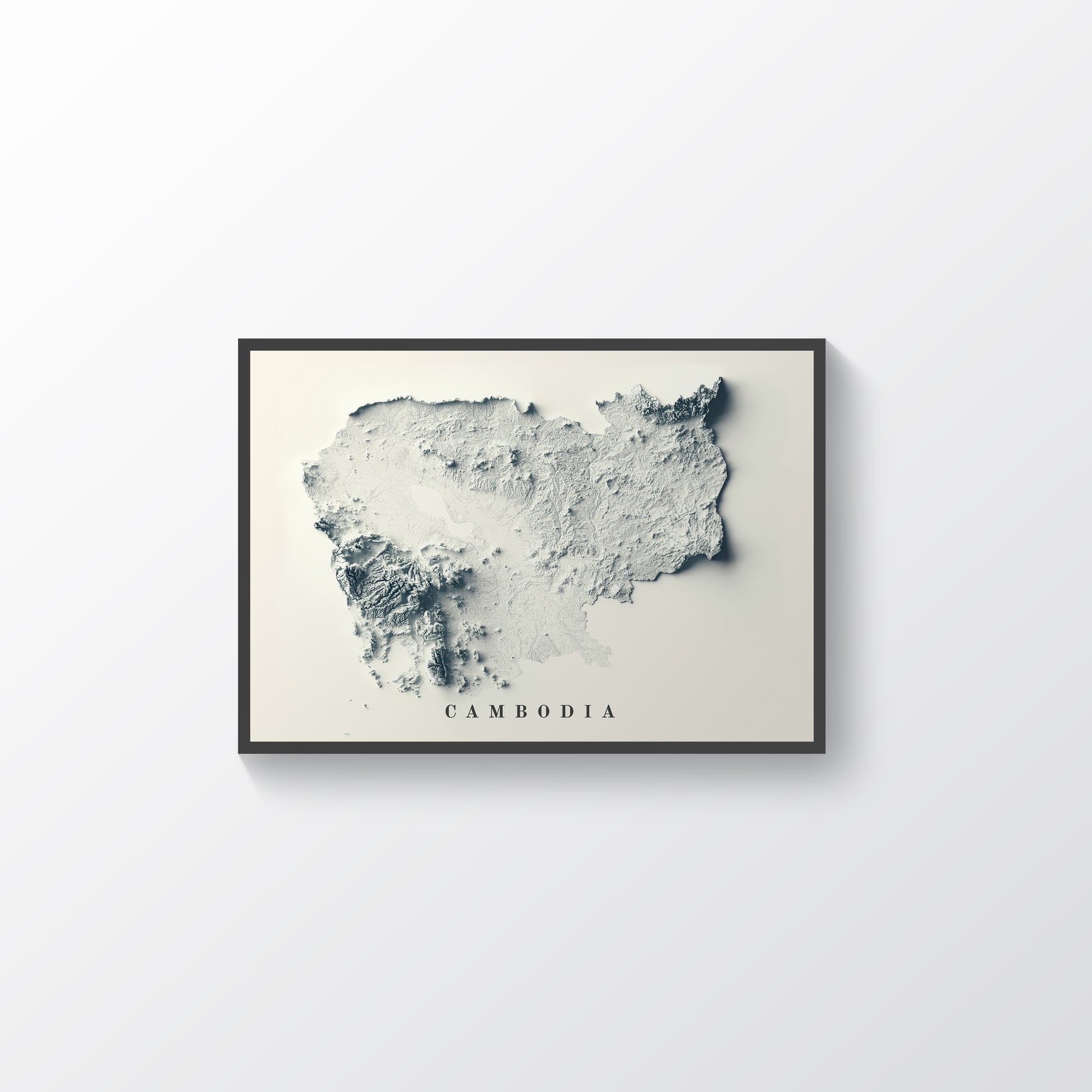 Cambodia vintage framed shaded relief map in black frame. Artistic print highlighting mountains with a realistic terrain effect