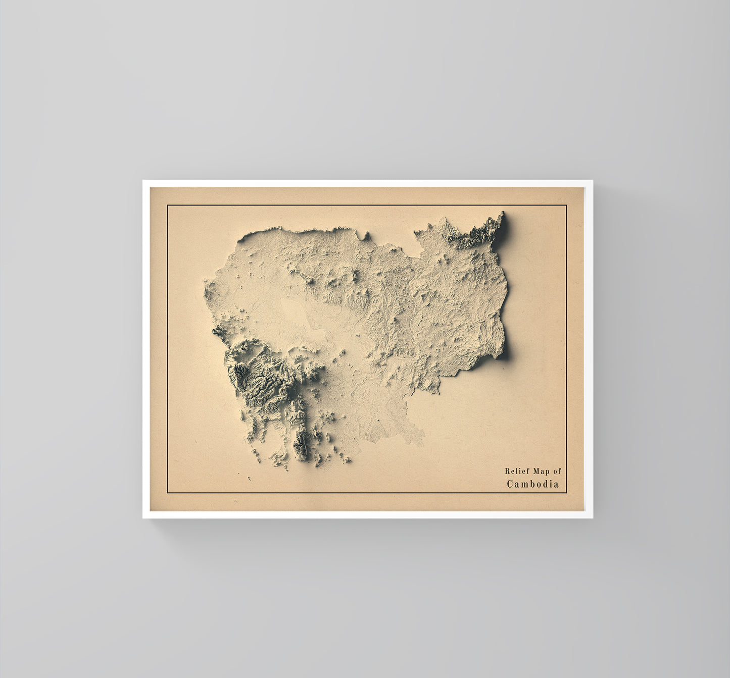 Cambodia vintage framed shaded relief map in white frame. Artistic print highlighting mountains with a realistic 3d effect