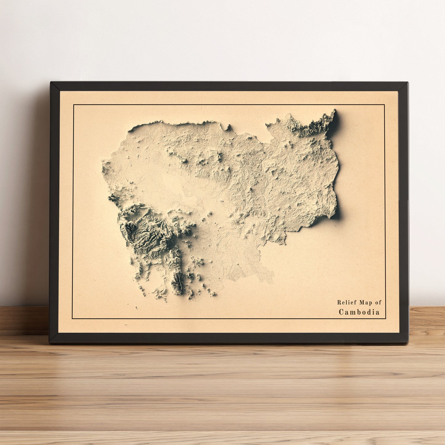 Cambodia vintage framed shaded relief map in black frame. Artistic print highlighting mountains with a realistic terrain effect