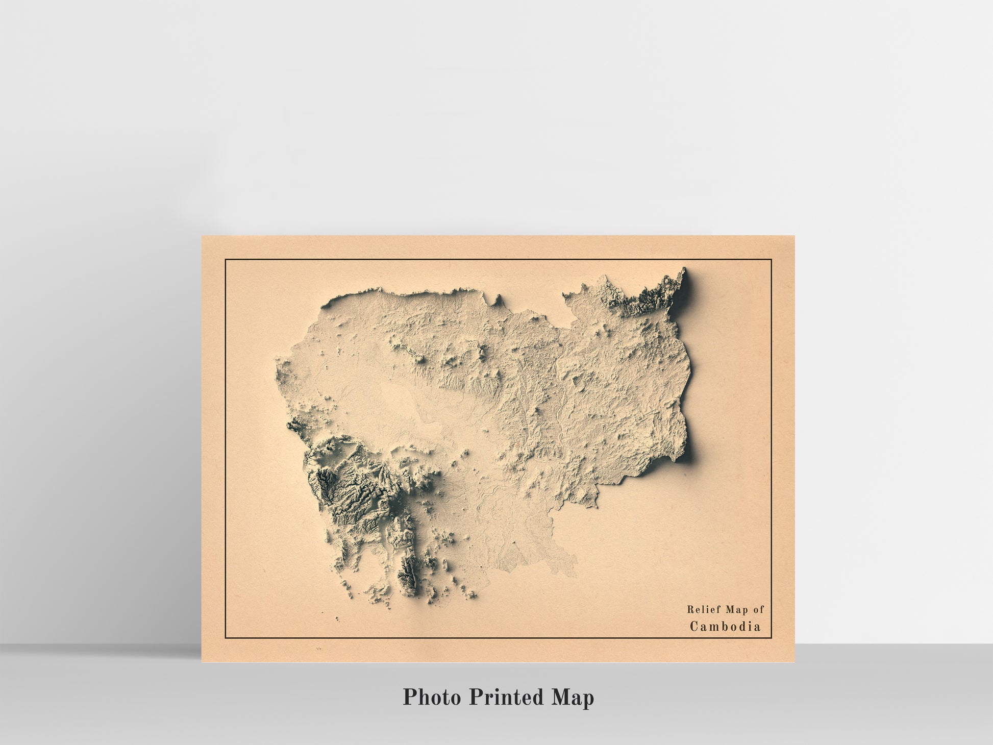 Cambodia Shaded relief map print, highlighting topography. Ideal for home decor and geography lovers
