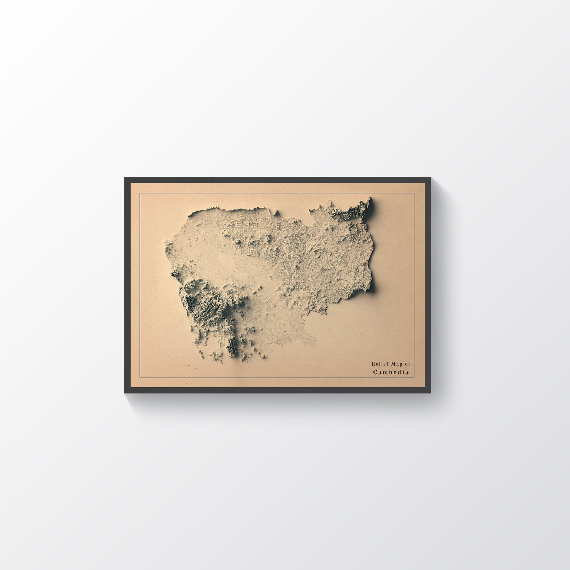 Cambodia vintage framed shaded relief map in black frame. Artistic print highlighting mountains with a realistic terrain effect