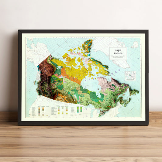 Canada vintage framed shaded relief map in black frame. Artistic print highlighting mountains with a realistic terrain effect