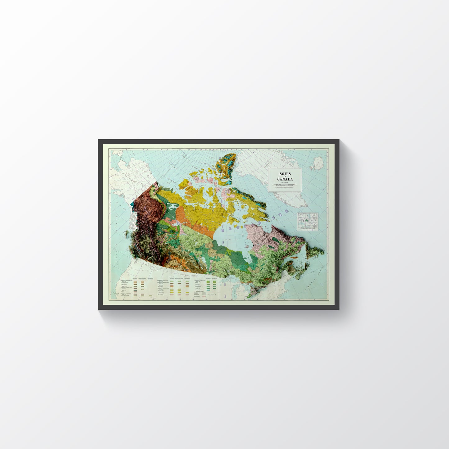 Canada vintage framed shaded relief map in black frame. Artistic print highlighting mountains with a realistic terrain effect