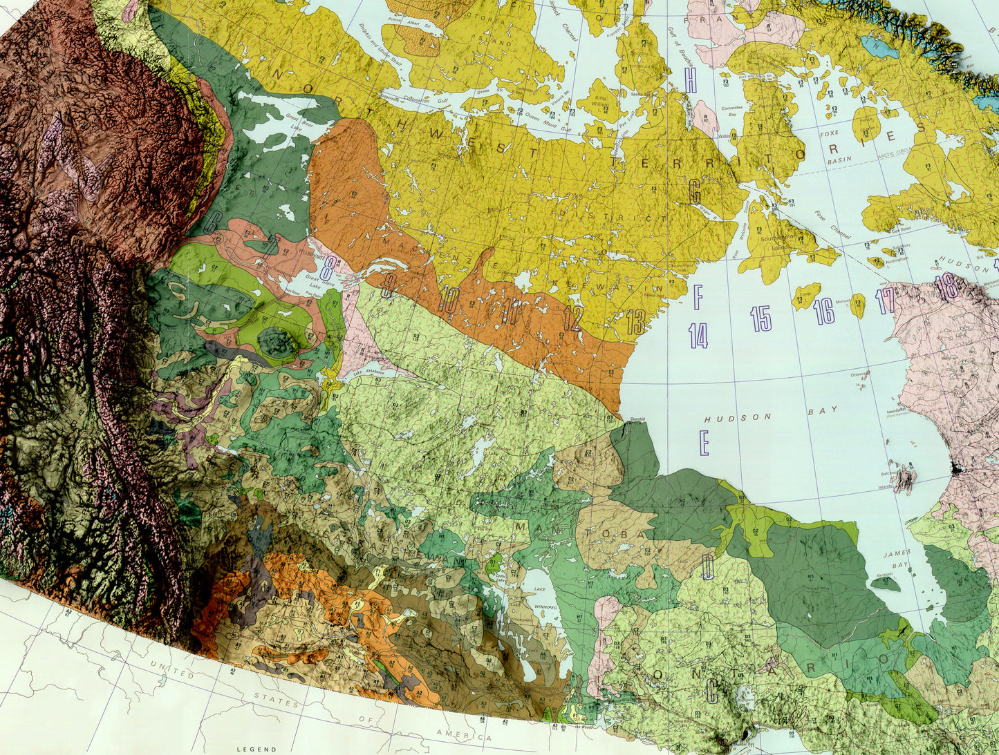 Detailed close-up of a Canada relief map, showcasing textured topography and geographic contours