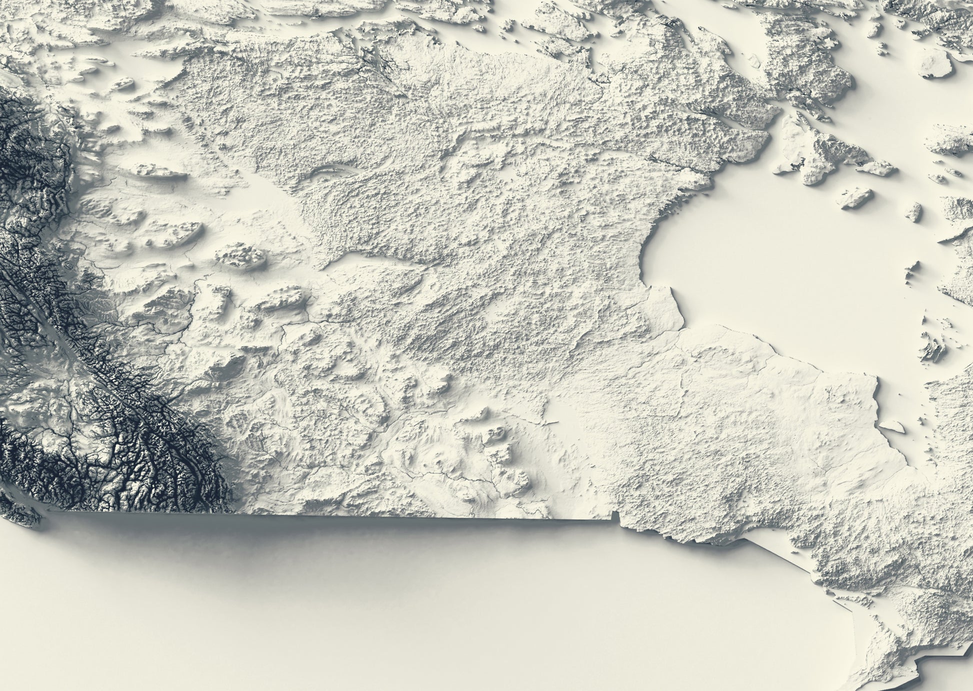 Detailed close-up of a Canada relief map, showcasing textured topography and geographic contours