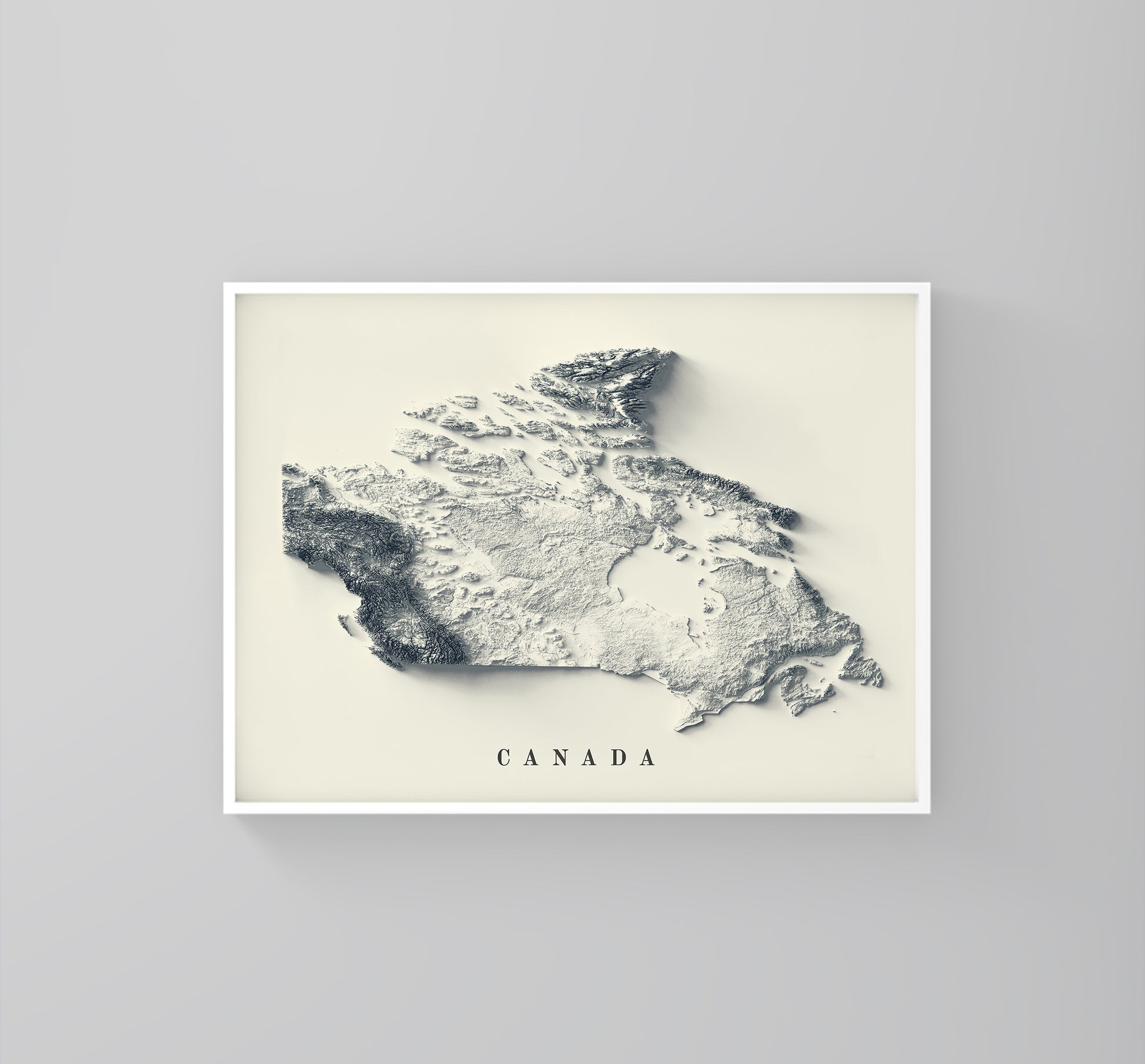 Canada vintage framed shaded relief map in white frame. Artistic print highlighting mountains with a realistic 3d effect