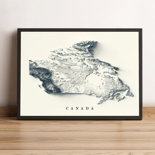 Canada vintage framed shaded relief map in black frame. Artistic print highlighting mountains with a realistic terrain effect
