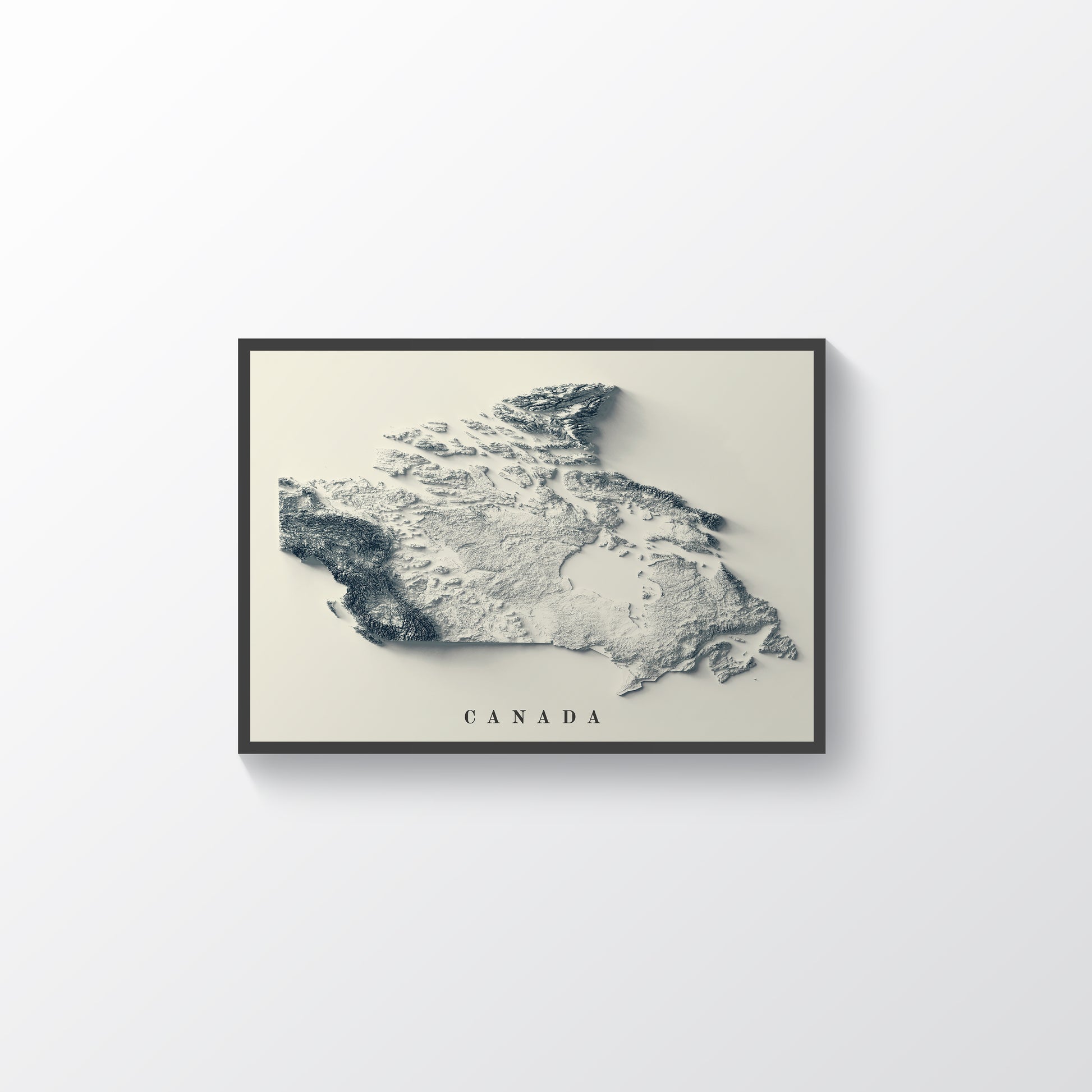 Canada vintage framed shaded relief map in black frame. Artistic print highlighting mountains with a realistic terrain effect