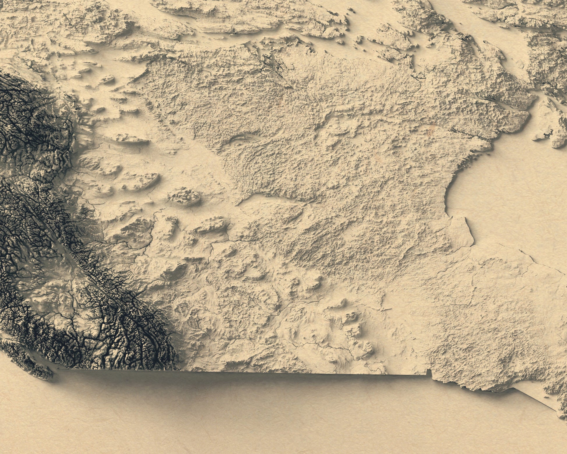Detailed close-up of a Canada relief map, showcasing textured topography and geographic contours