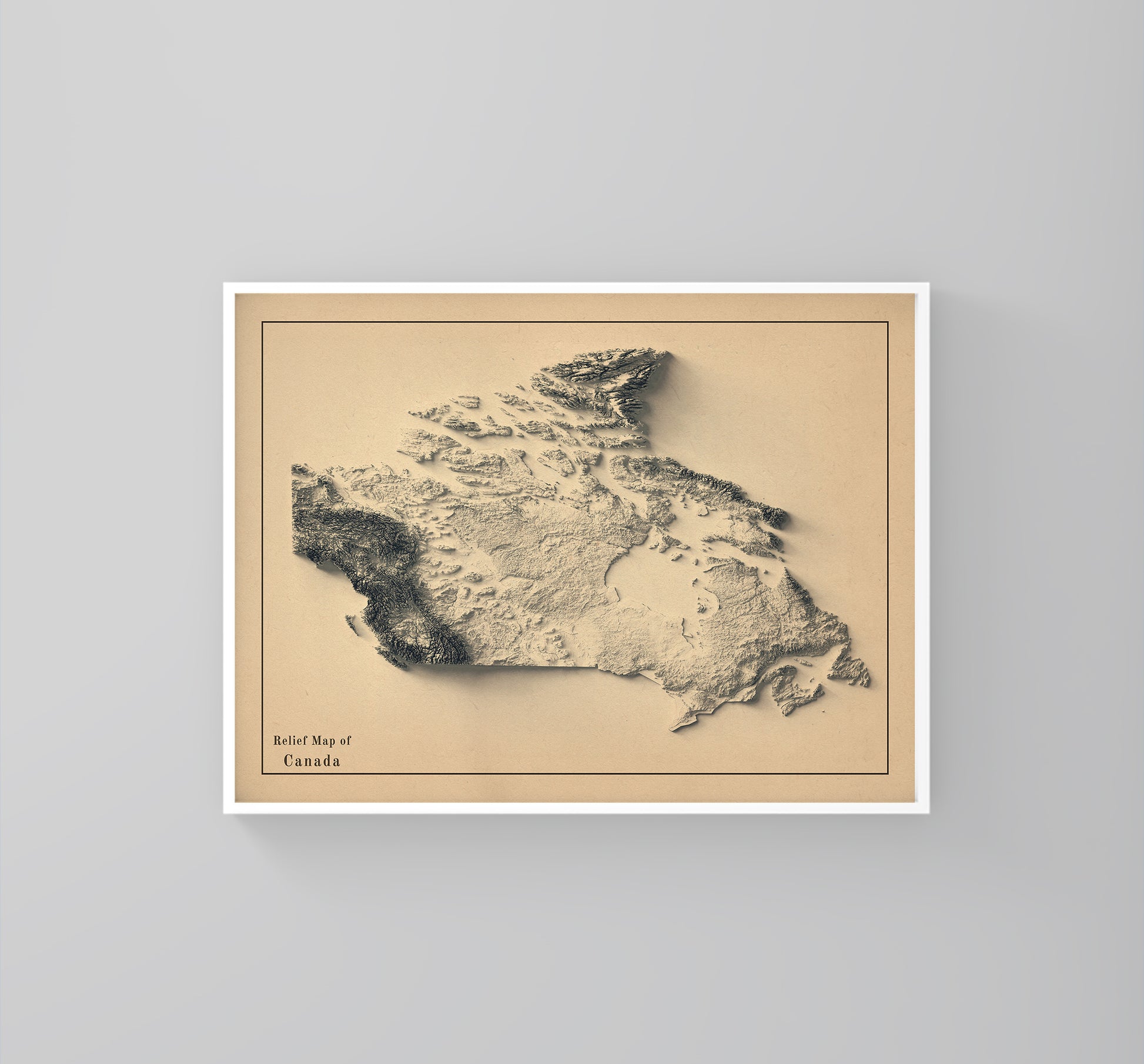 Canada vintage framed shaded relief map in white frame. Artistic print highlighting mountains with a realistic 3d effect