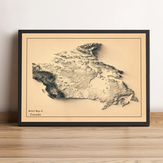 Canada vintage framed shaded relief map in black frame. Artistic print highlighting mountains with a realistic terrain effect