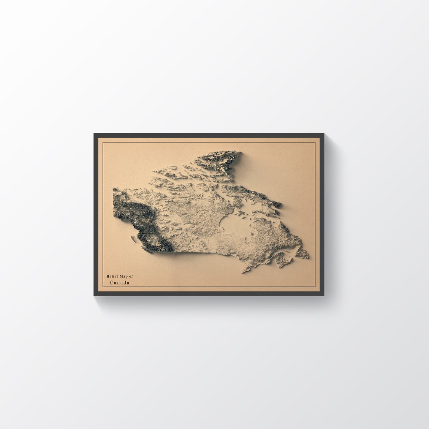 Canada vintage framed shaded relief map in black frame. Artistic print highlighting mountains with a realistic terrain effect