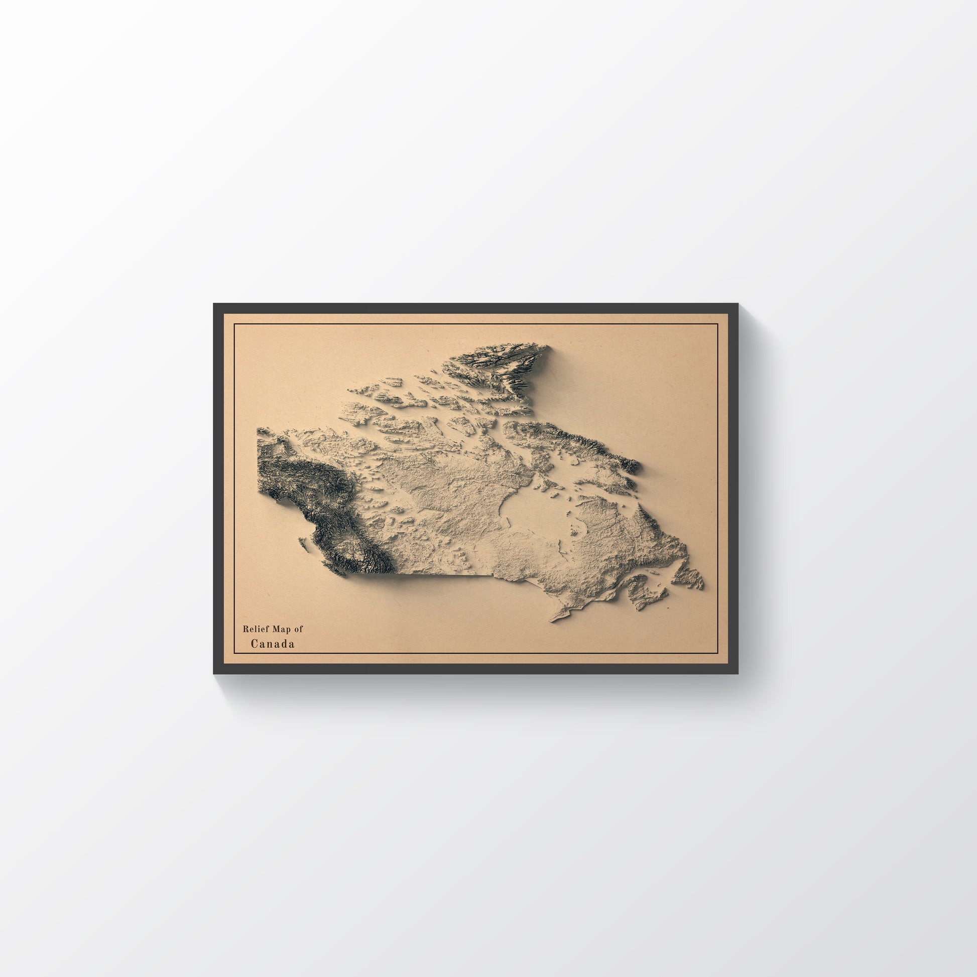 Canada vintage framed shaded relief map in black frame. Artistic print highlighting mountains with a realistic terrain effect