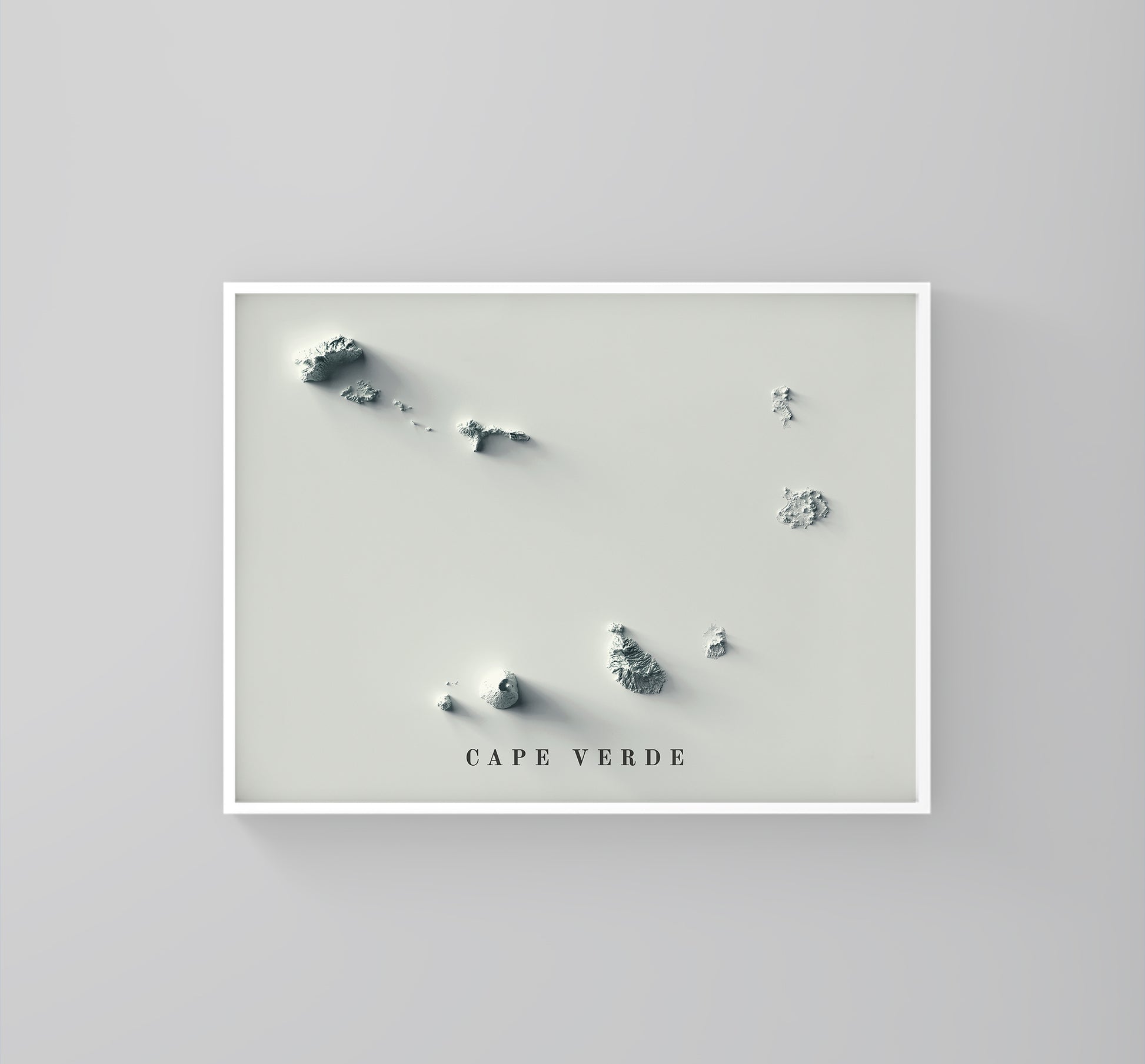 Cape Verde vintage framed shaded relief map in white frame. Artistic print highlighting mountains with a realistic 3d effect