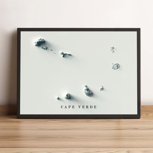 Cape Verde framed shaded relief map in black frame. Artistic print highlighting mountains with a realistic terrain effect