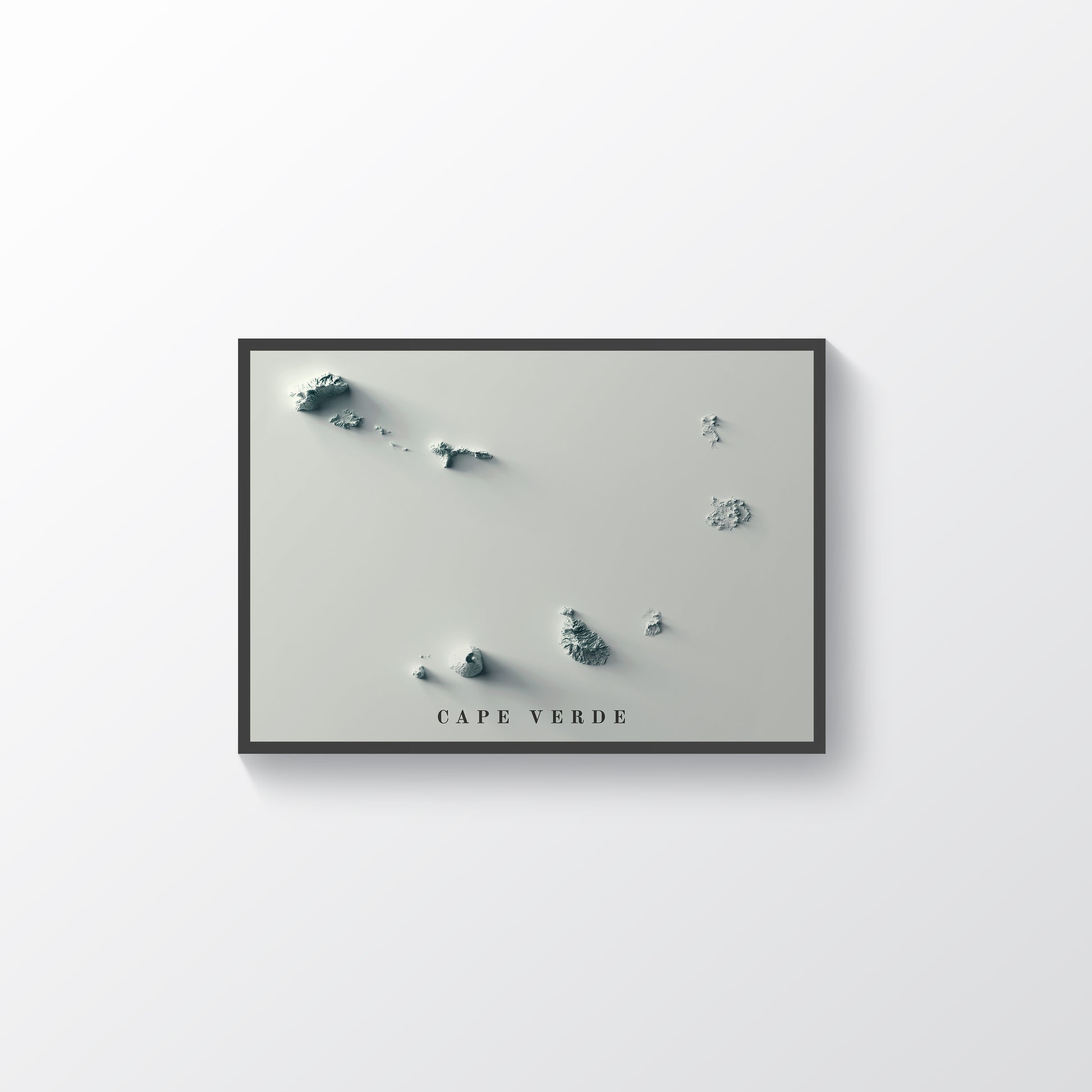 Cape Verde framed shaded relief map in black frame. Artistic print highlighting mountains with a realistic terrain effect