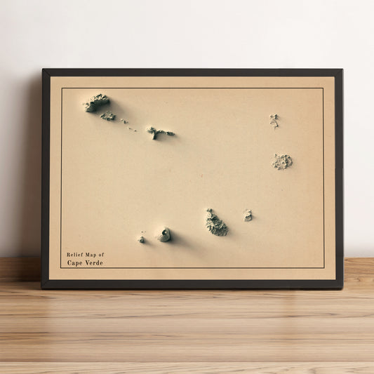 Cape Verde vintage framed shaded relief map in black frame. Artistic print highlighting mountains with a realistic terrain effect