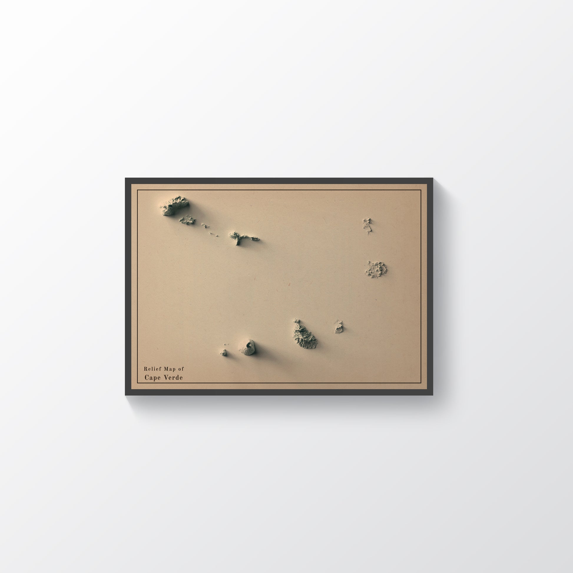 Cape Verde vintage framed shaded relief map in black frame. Artistic print highlighting mountains with a realistic terrain effect