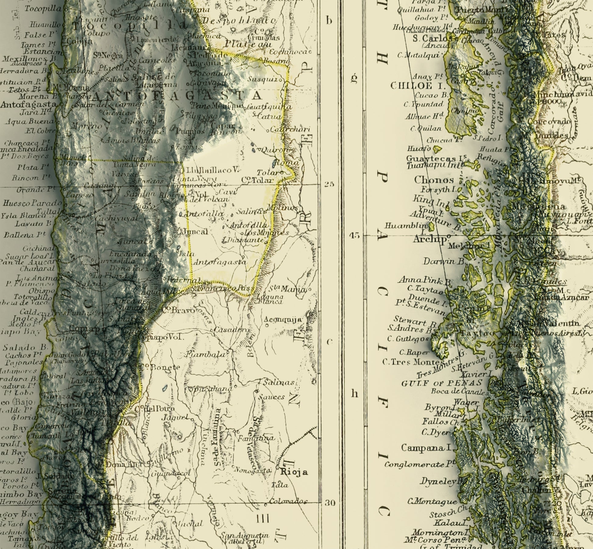 Detailed close-up of a Chile relief map, showcasing textured topography and geographic contours
